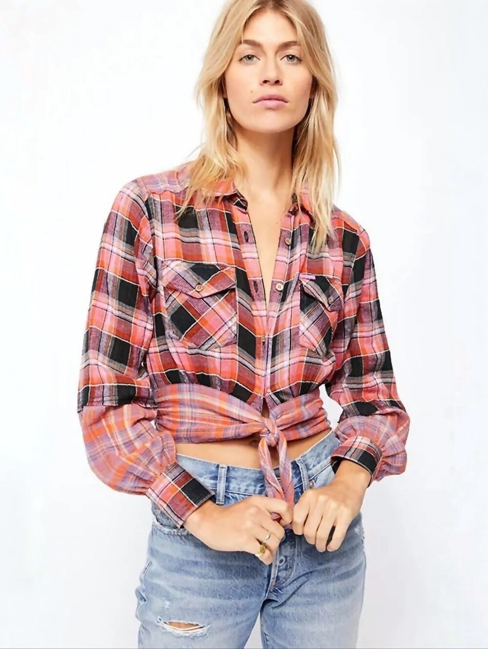 Free People First bloom plaid button down shirt cropped purple orange medium M